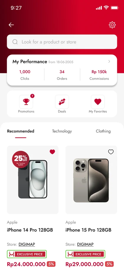 Affiliate homepage with clicks, orders and commissions above recommended products