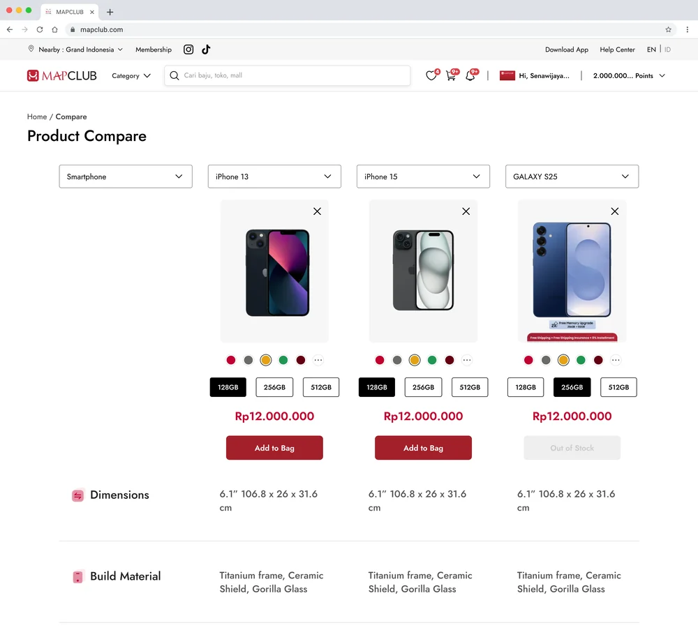 MAPCLUB Compare page: iPhone 13, iPhone 15 and Galaxy S25 with their specifications