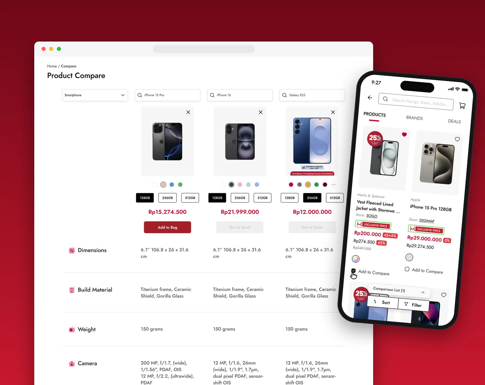 The desktop comparison page with three phones side by side, and a phone ticking Add to Compare on the product list