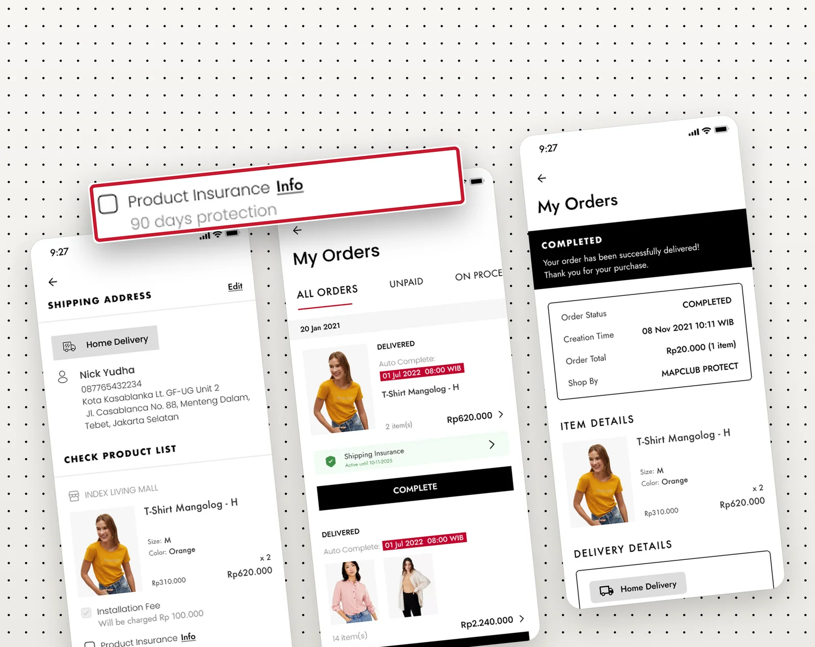 Checkout, My Orders with shipping insurance and a completed order, with the Product Insurance checkbox enlarged
