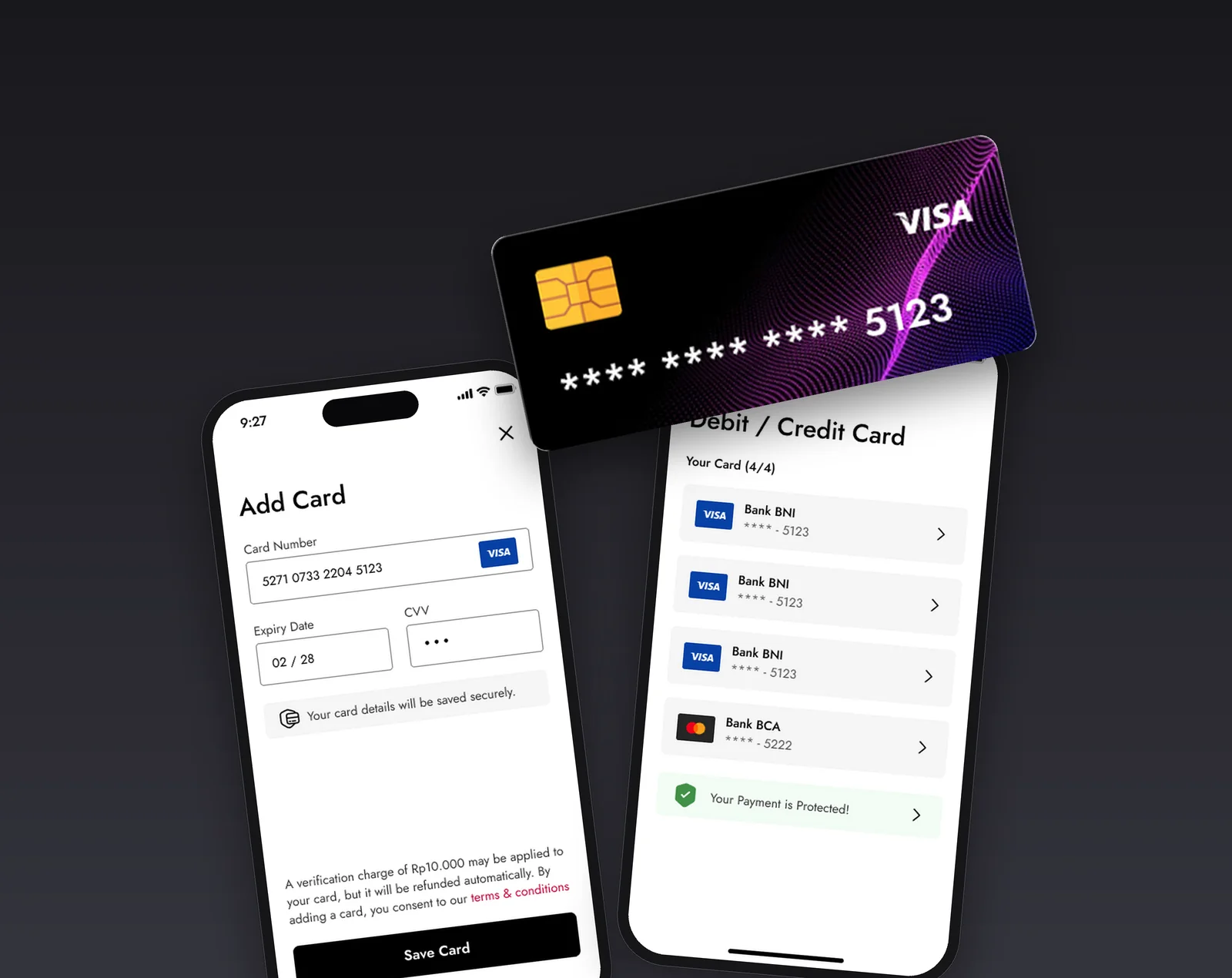 Add Card and the saved cards list, with a VISA card ending 5123 floating above