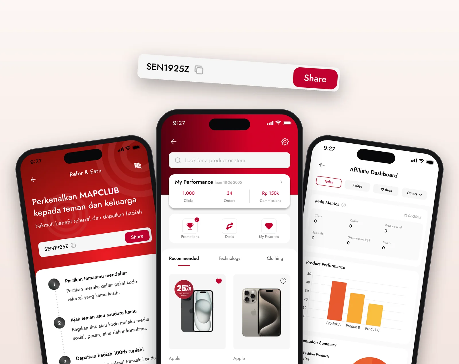 Refer & Earn, the affiliate homepage and dashboard, with a referral code and Share button