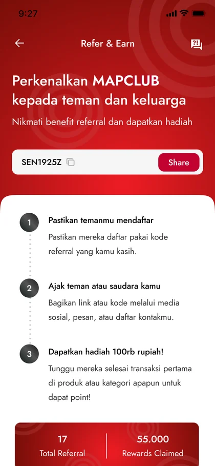 Refer & Earn screen with a referral code