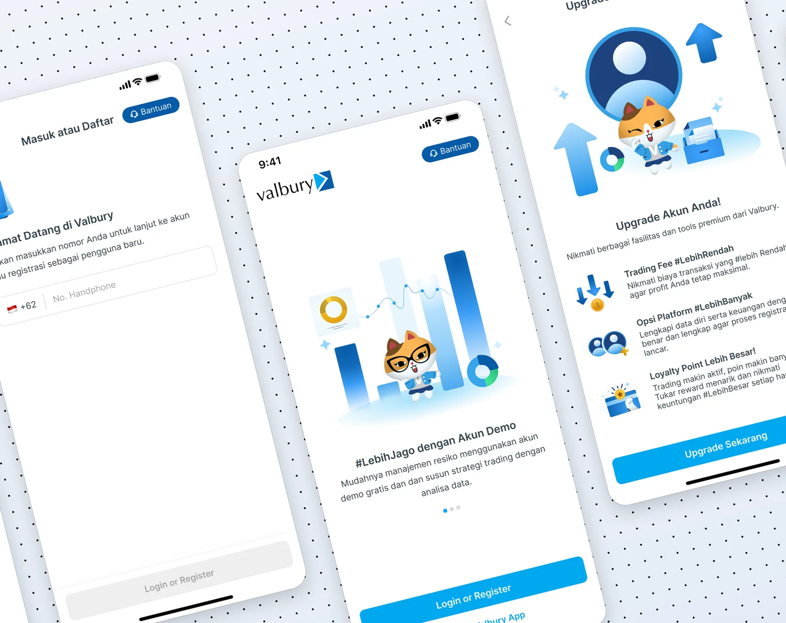Sign-up screens in a row: phone number, demo account, upgrade to a live account, accounts