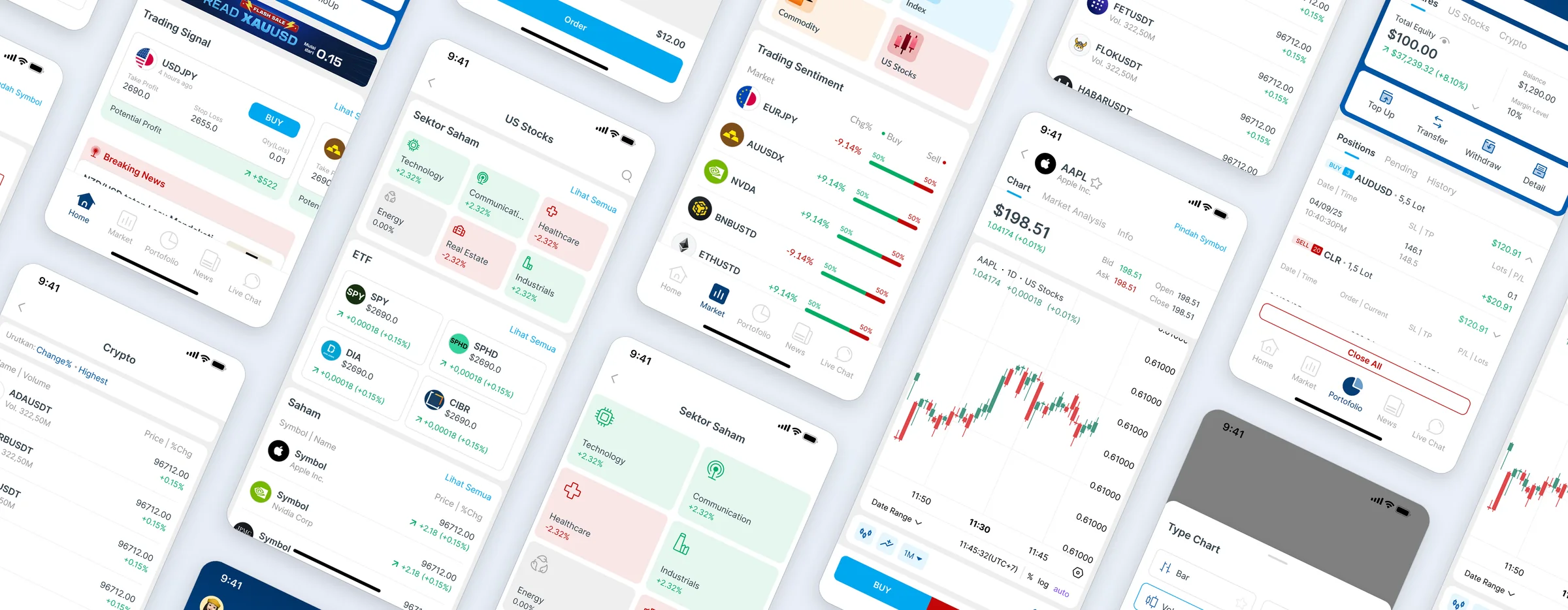 A tilted pattern of Valbury screens: US stock sectors, crypto charts, orders and portfolios