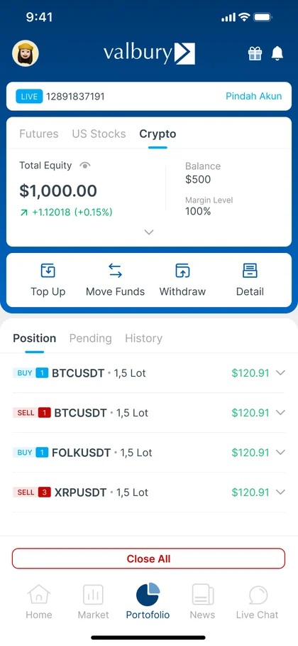 Portfolio with Futures, US Stocks and Crypto accounts