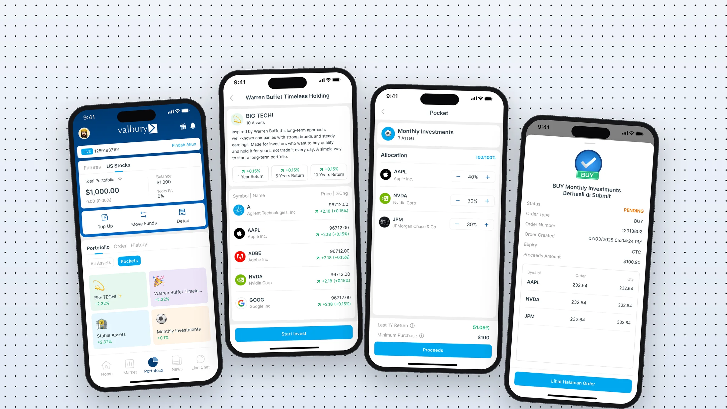 Four phones telling the Pocket story: a portfolio with pockets, a pocket's detail page, building your own pocket split 40/30/30, and the buy confirmation