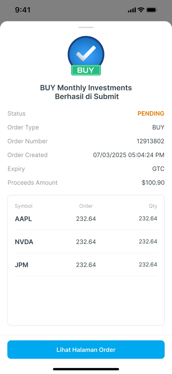 The buy confirmation, broken down per stock