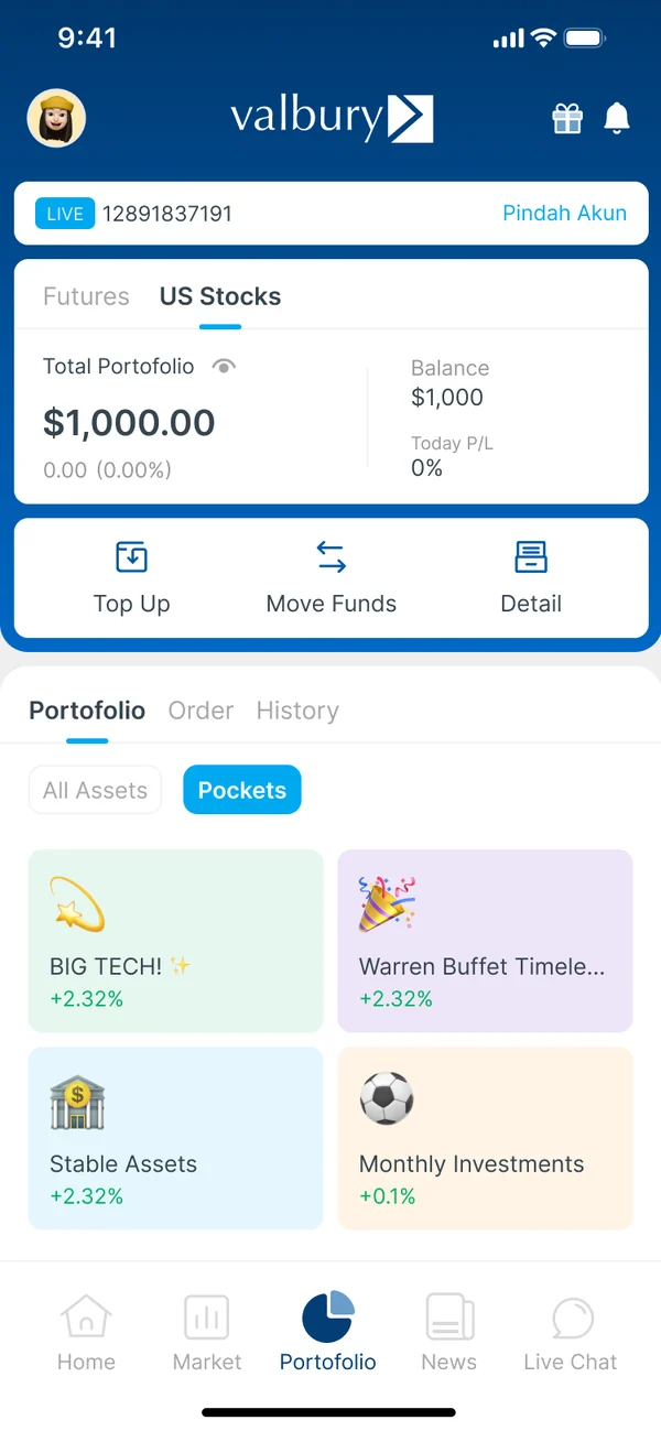 The portfolio's Pockets tab, with each pocket and its return