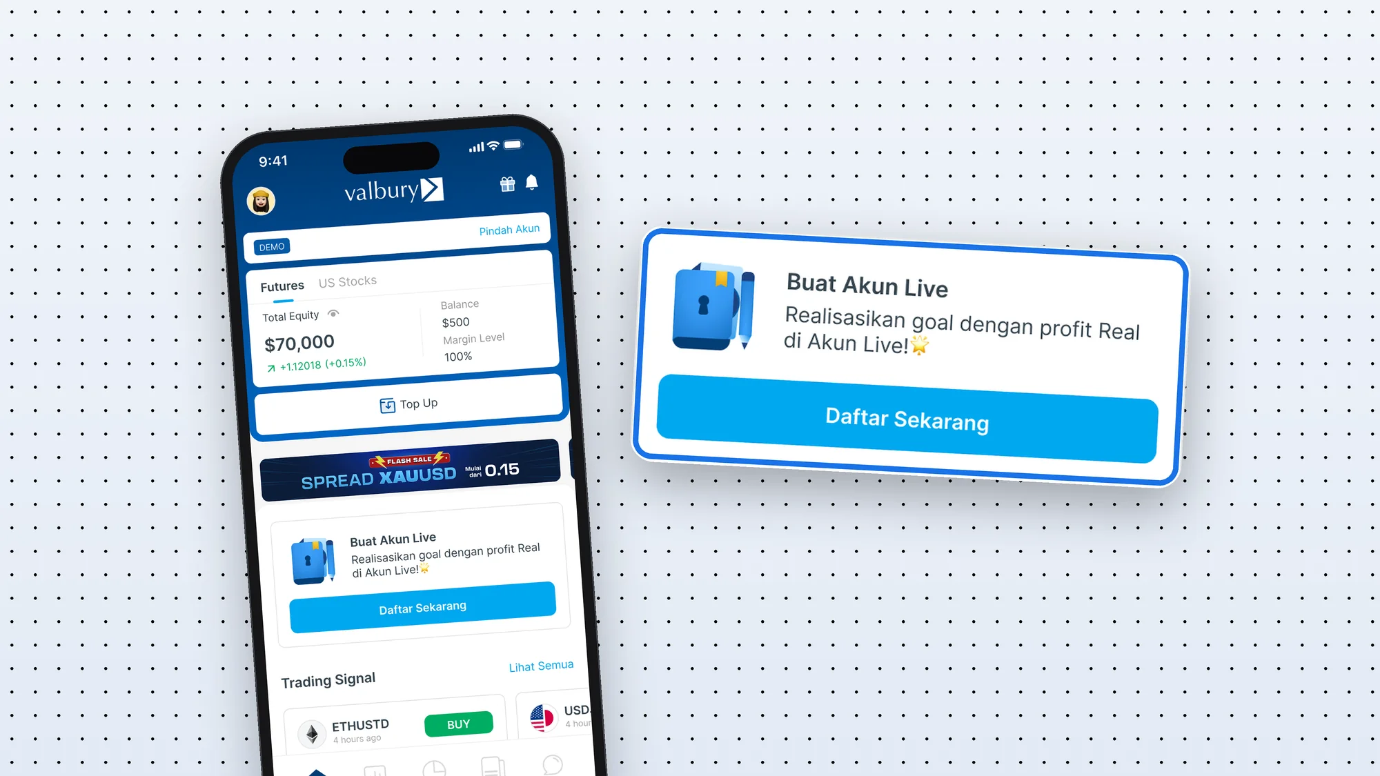 The demo home screen, with its Buat Akun Live (Create Live Account) card shown enlarged