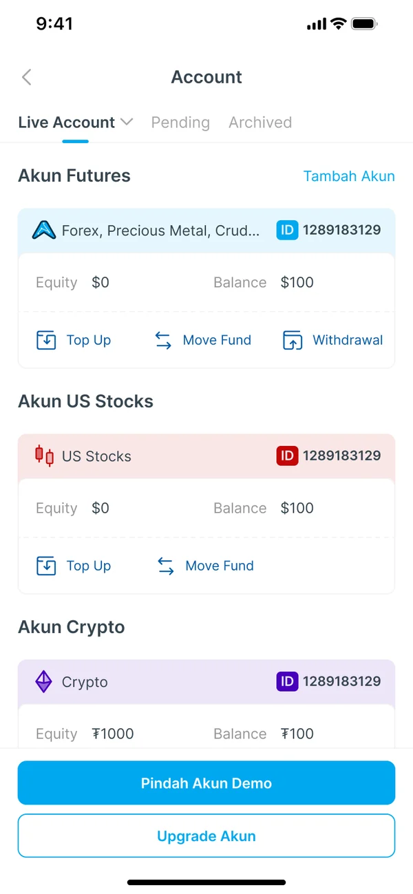 The Account page with Live, Pending and Archived tabs and Futures, US Stocks and Crypto accounts