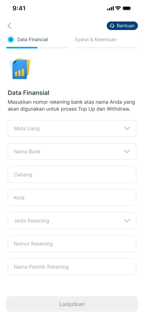 The Data Finansial form: currency, bank, branch and account number