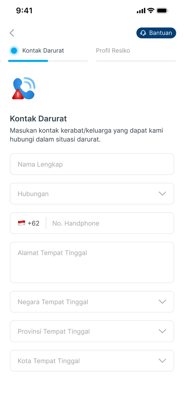 The Emergency Contact form, followed by the Risk Profile step
