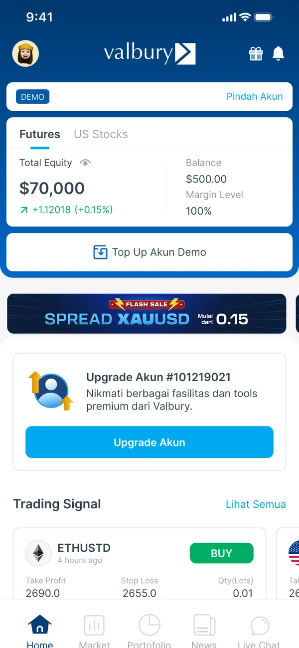 The demo home with an Upgrade Akun card