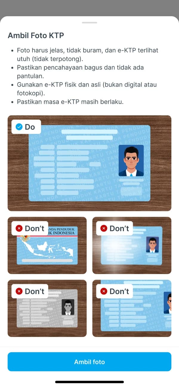 Guidelines for photographing the e-KTP ID card, with do and don't examples