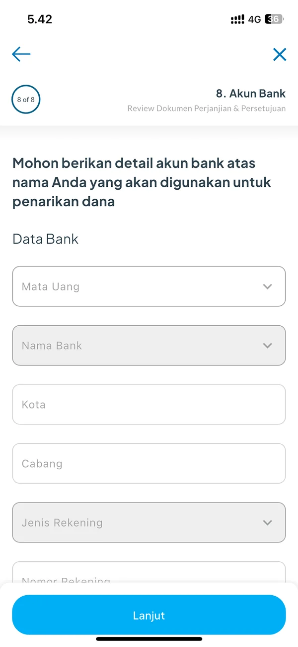 Bank account details for withdrawals