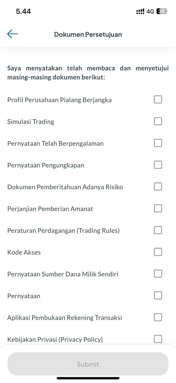 Twelve agreement documents, each with its own checkbox