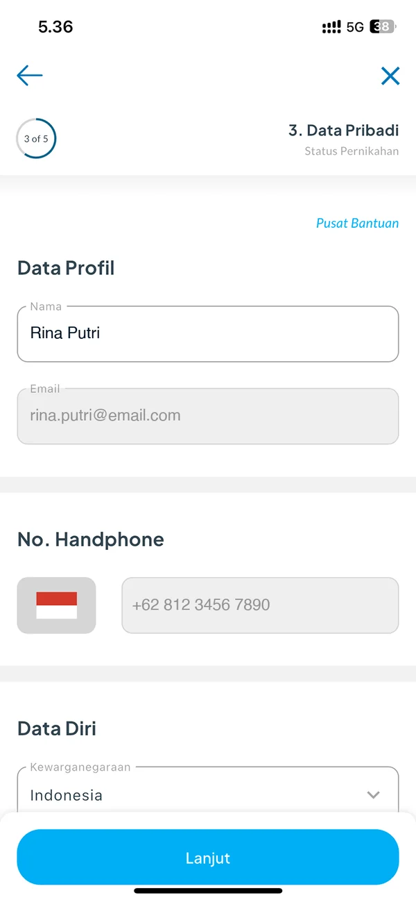 Personal data: name, email, phone number and nationality (made-up details)