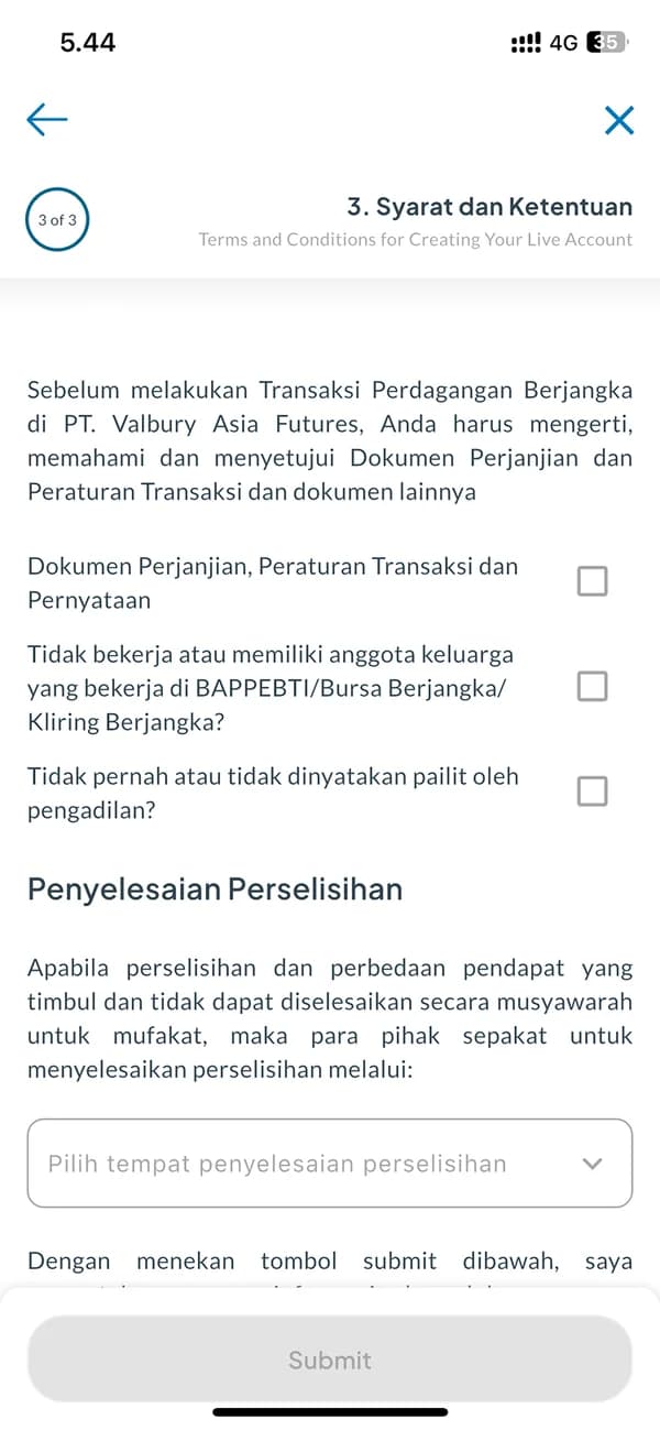 Stage 3: terms and conditions and a dispute resolution clause