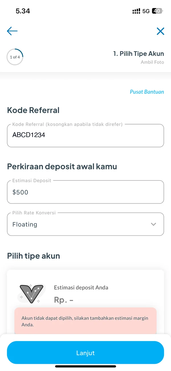 Pick an account type: referral code, deposit estimate, and an account that can't be chosen because the estimate is too low